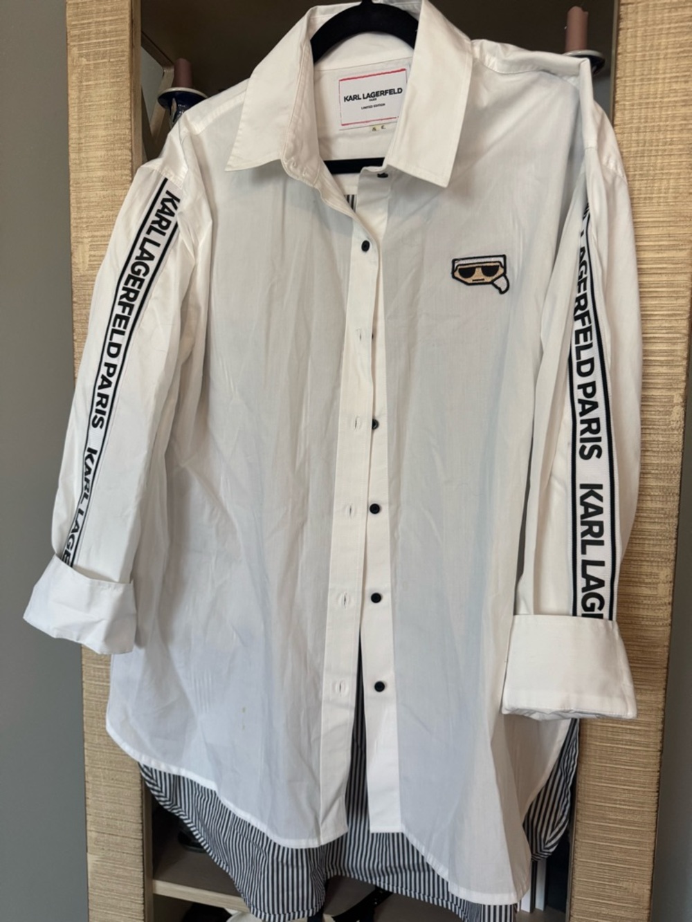 Karl Lagerfeld White Button-Down Shirt with Black Logo Tape